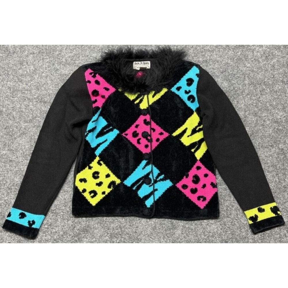 Vintage Jack B Quick Cardigan Sweater Womens Petete PP Black Purple Diamond